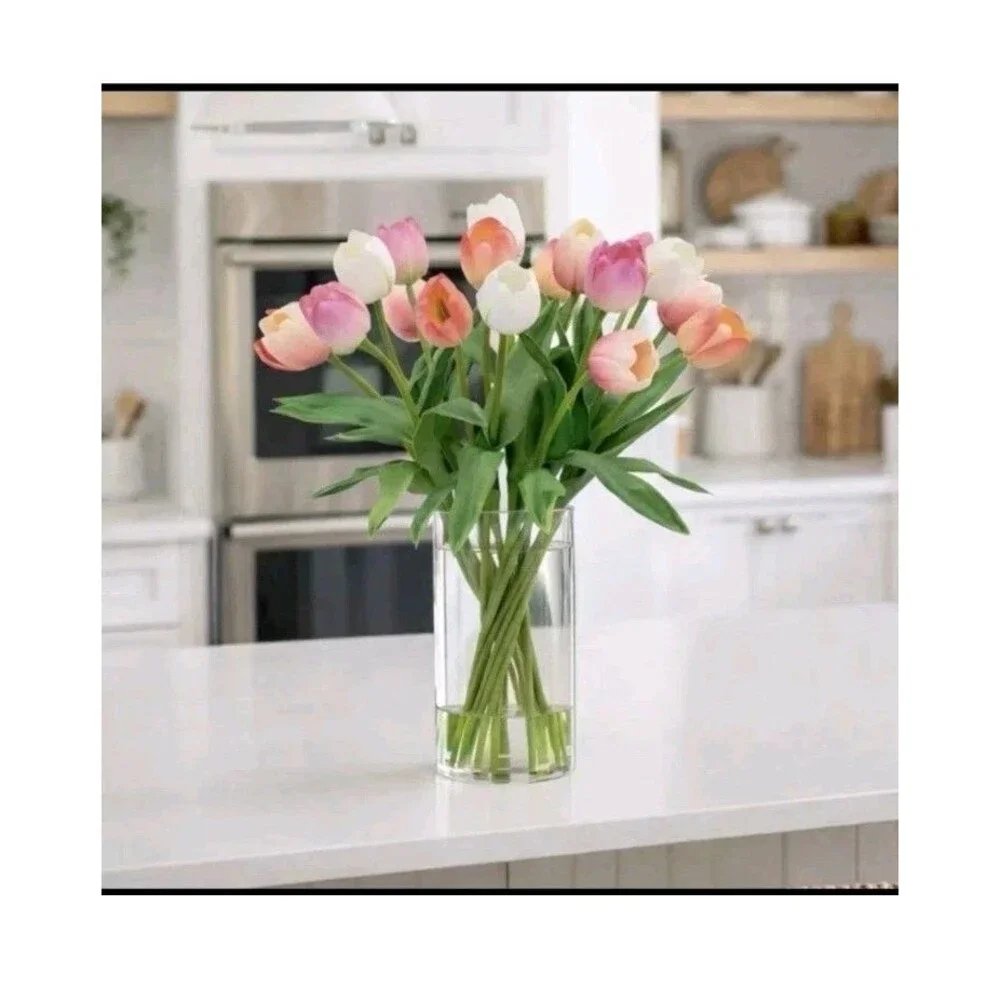 TULIPS FAKE ARTIFICIAL FLOWER FLORAL ARRANGEMENT SILK FLOWERS CERAMIC VASE NEW